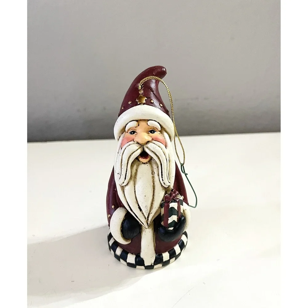 Vintage Resin Christmas Santa Tree Ornament Checkered Edge With Present 2x5
